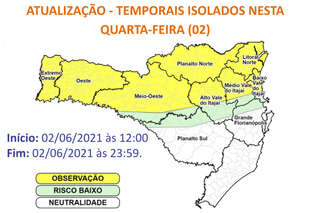 Defesa Civil emite alerta com chance de trovoadas, vento forte e granizo para Joinville e região