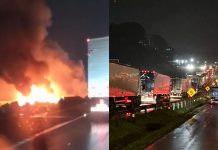 VÍDEO – BR-101 em Joinville é bloqueada após caminhão que carregava botijões de gás pegar fogo