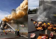 Caminhão pega fogo e carga com carne refrigerada é saqueada na BR-101, em Garuva