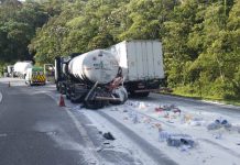 Motorista morre em acidente envolvendo três caminhões na BR-376, em Guaratuba